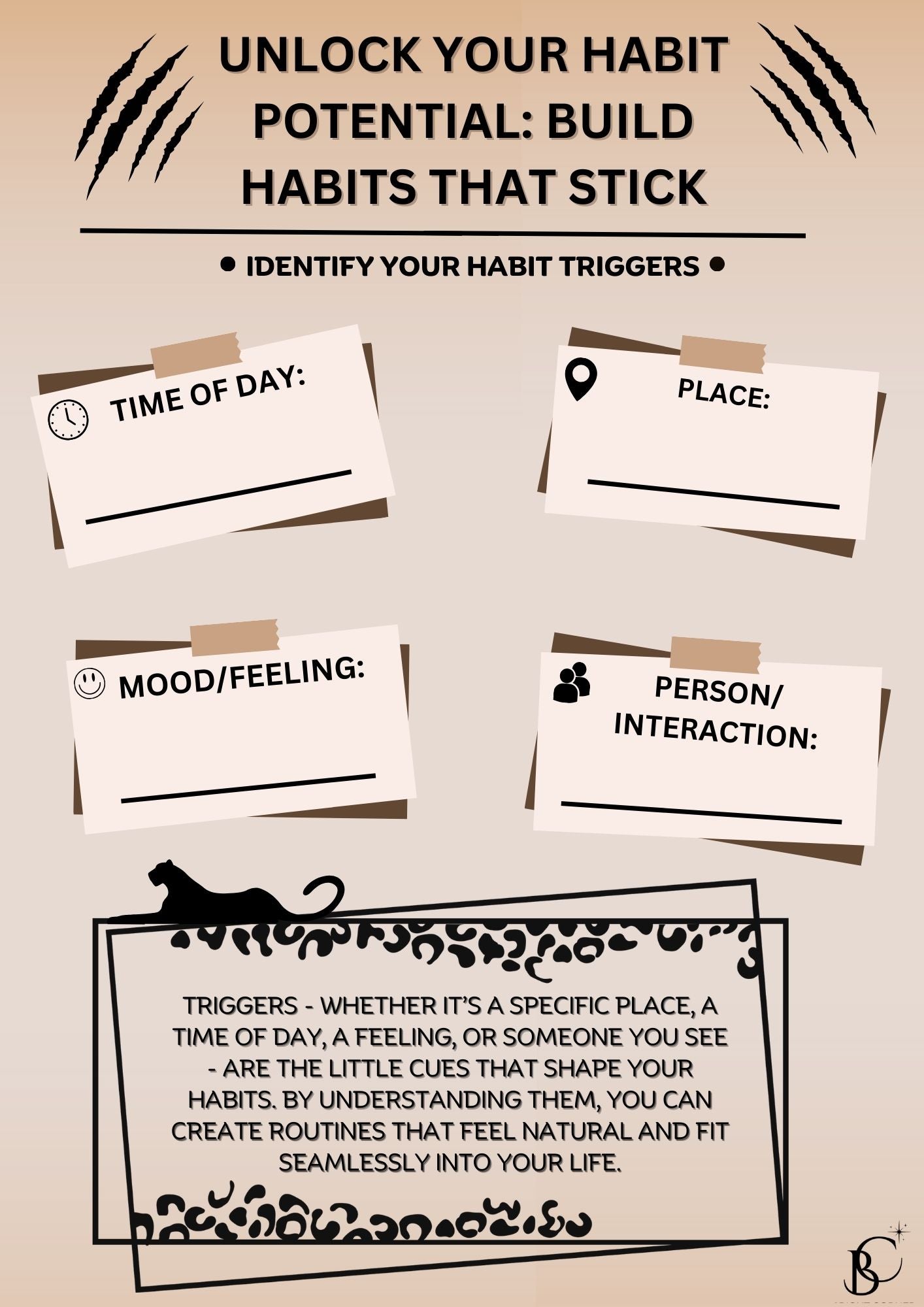 Habit triggers page with prompts to identify time, place, mood, and interactions that influence habits. Includes motivational text and leopard print design.