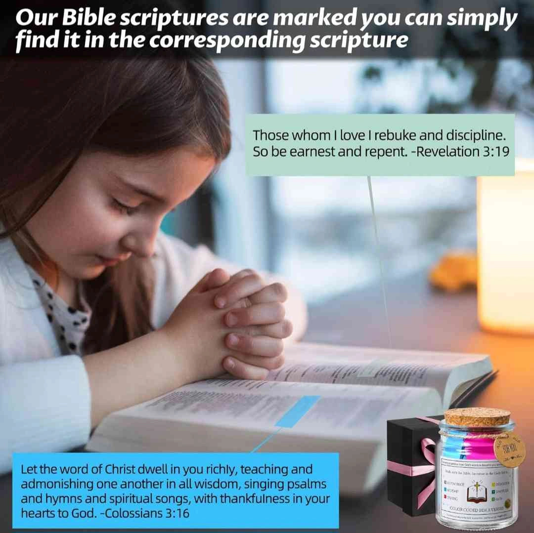 Bible scripture jar with marked verses, easily traceable in the Bible. Inspirational verses for comfort and guidance.