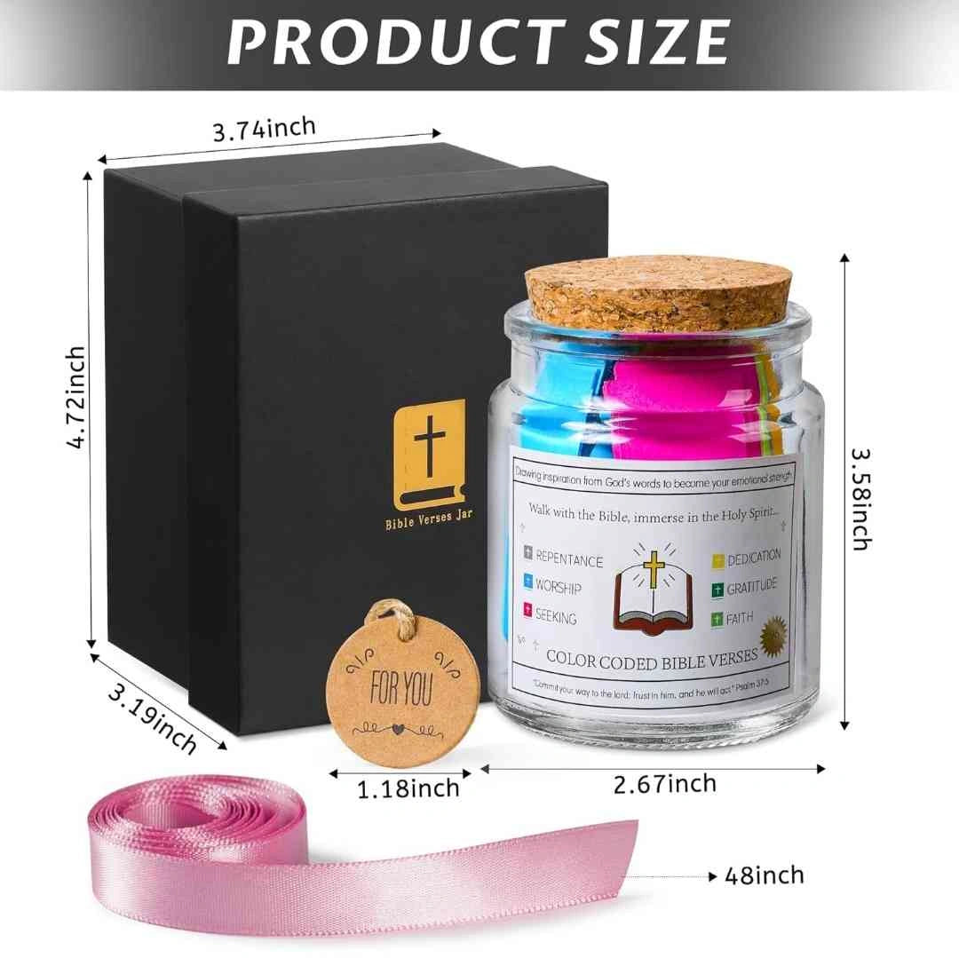 Product size of Bible verse jar, featuring glass jar with color-coded Bible verses, cork lid, gift box, and ribbon.