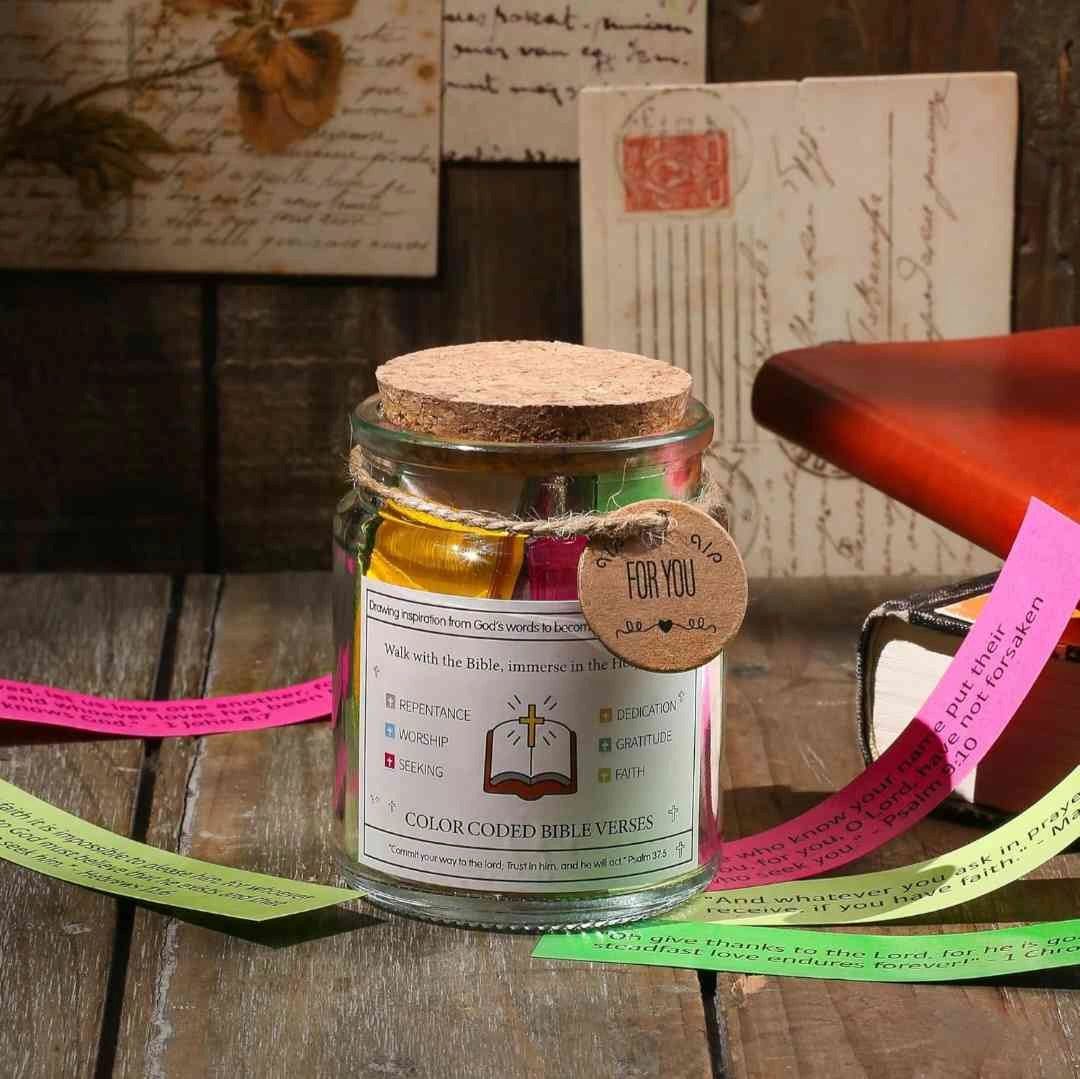 Bible verse jar with color-coded scripture cards for faith, inspiration, and emotional support. A unique Christian gift featuring a cork lid and 'For You' tag, ideal for daily devotionals and spiritual encouragement.