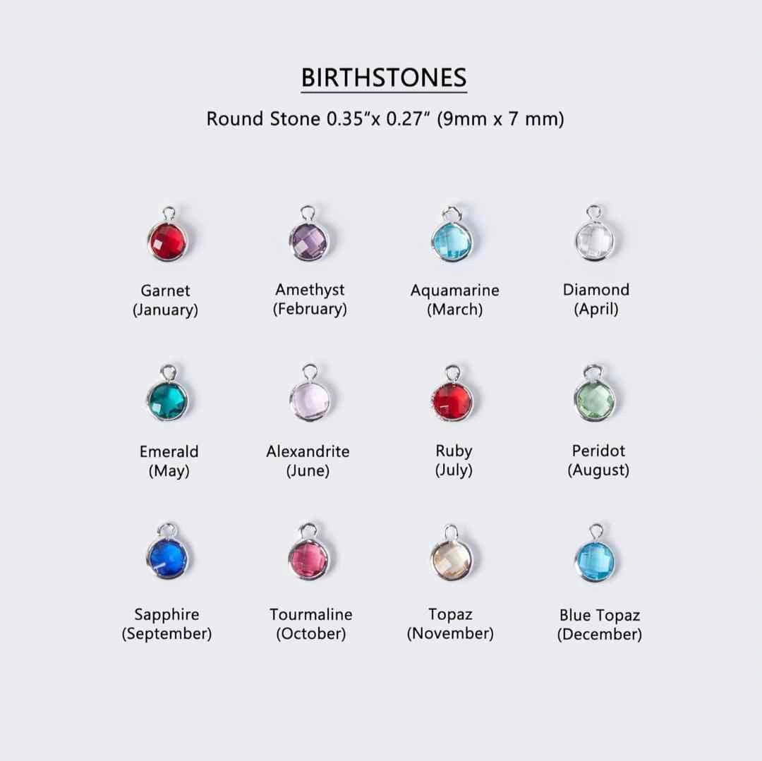 Birthstone chart with stones and months for custom name necklaces, perfect personalized gift.