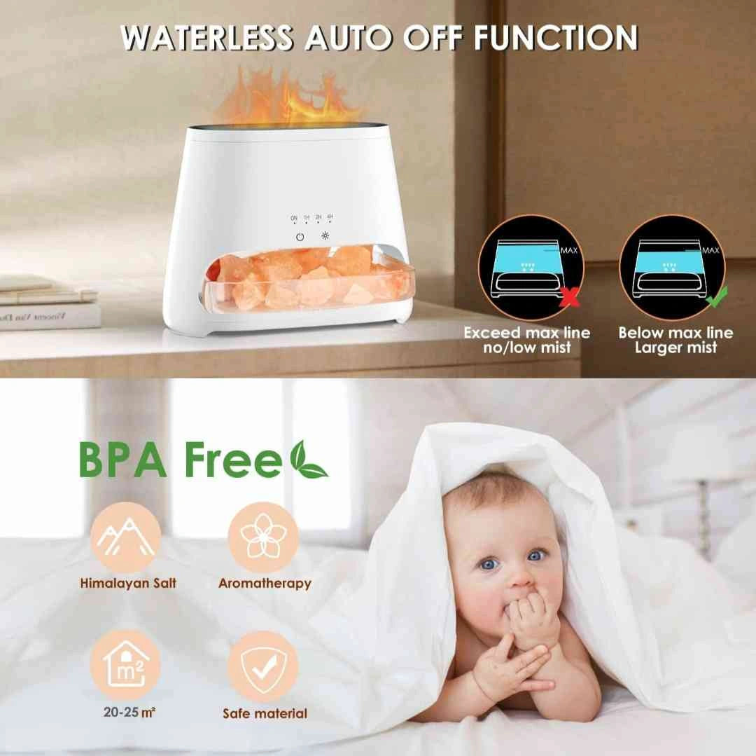 BPA-free salt lamp diffuser with waterless auto-off function and baby-safe design.