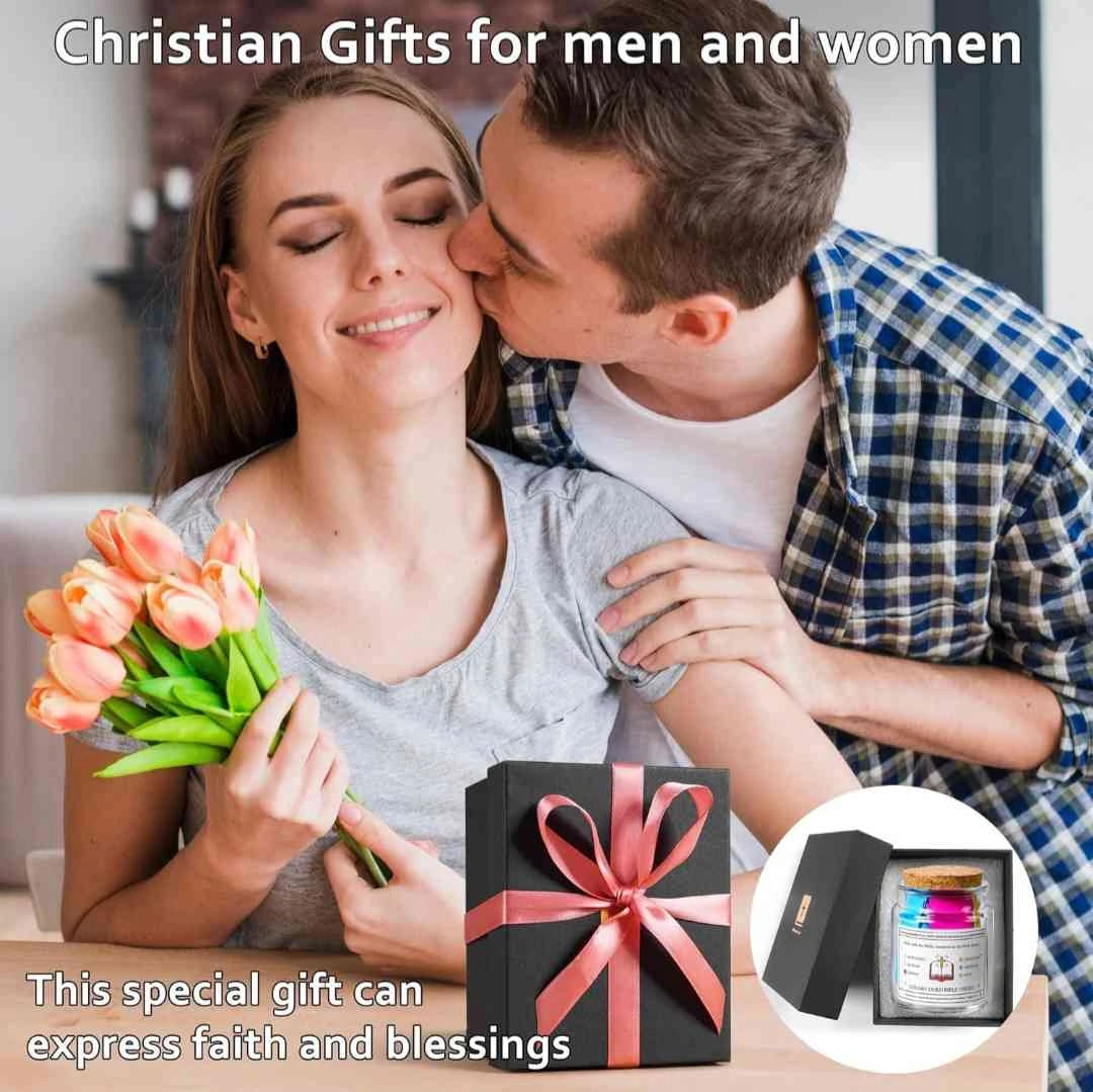 Christian gift Bible verse jar for men and women, beautifully presented with a ribbon for expressing faith and blessings.