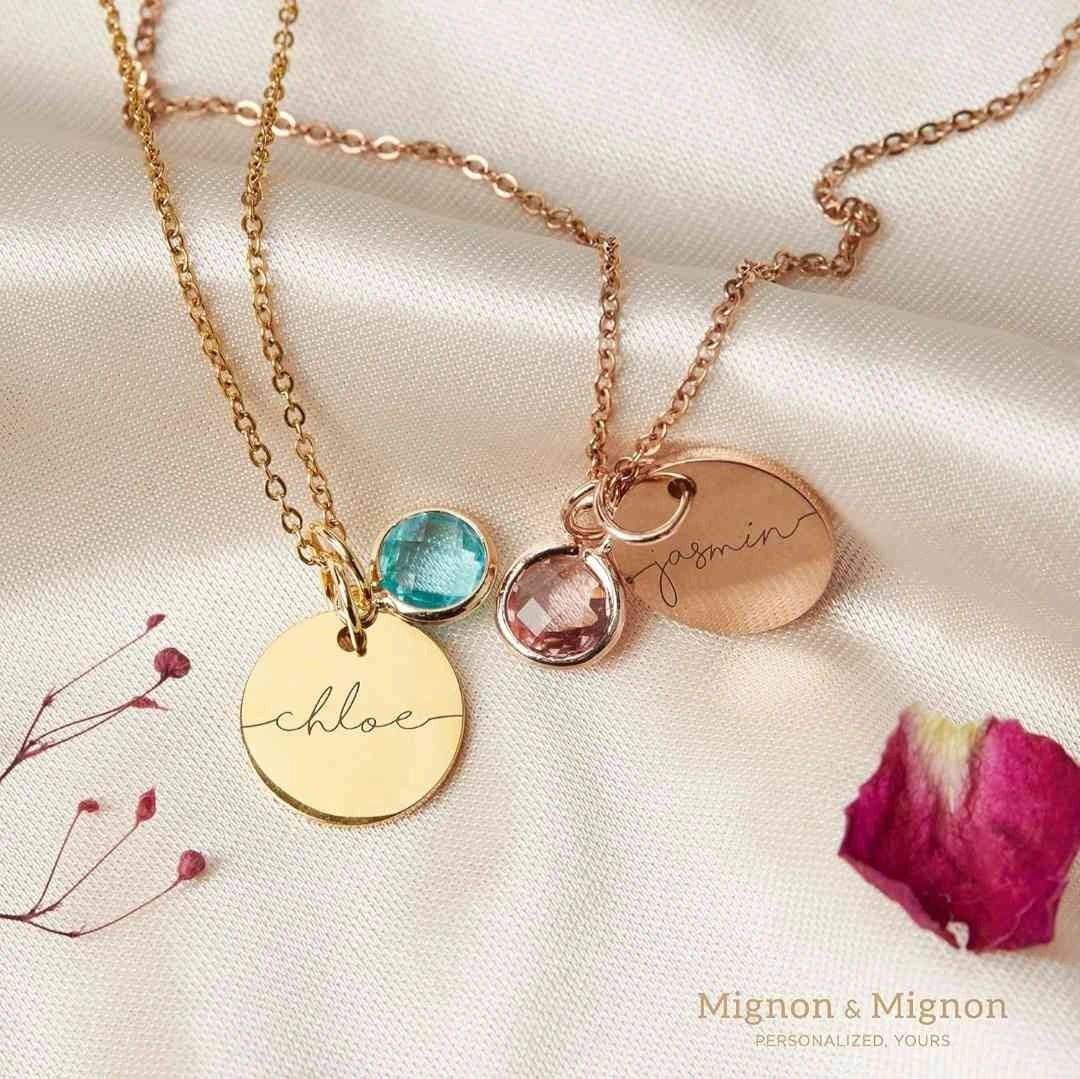 Custom name necklaces with birthstones in gold and rose gold, perfect personalized jewelry gift