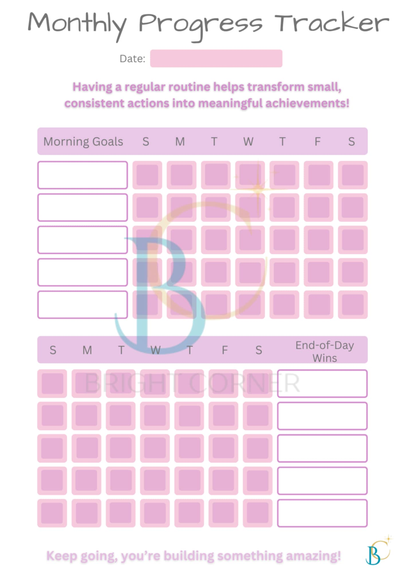 Daily Success Planner page from Bright Corner, with sections for daily focus, energy refuel plan, and self-care actions