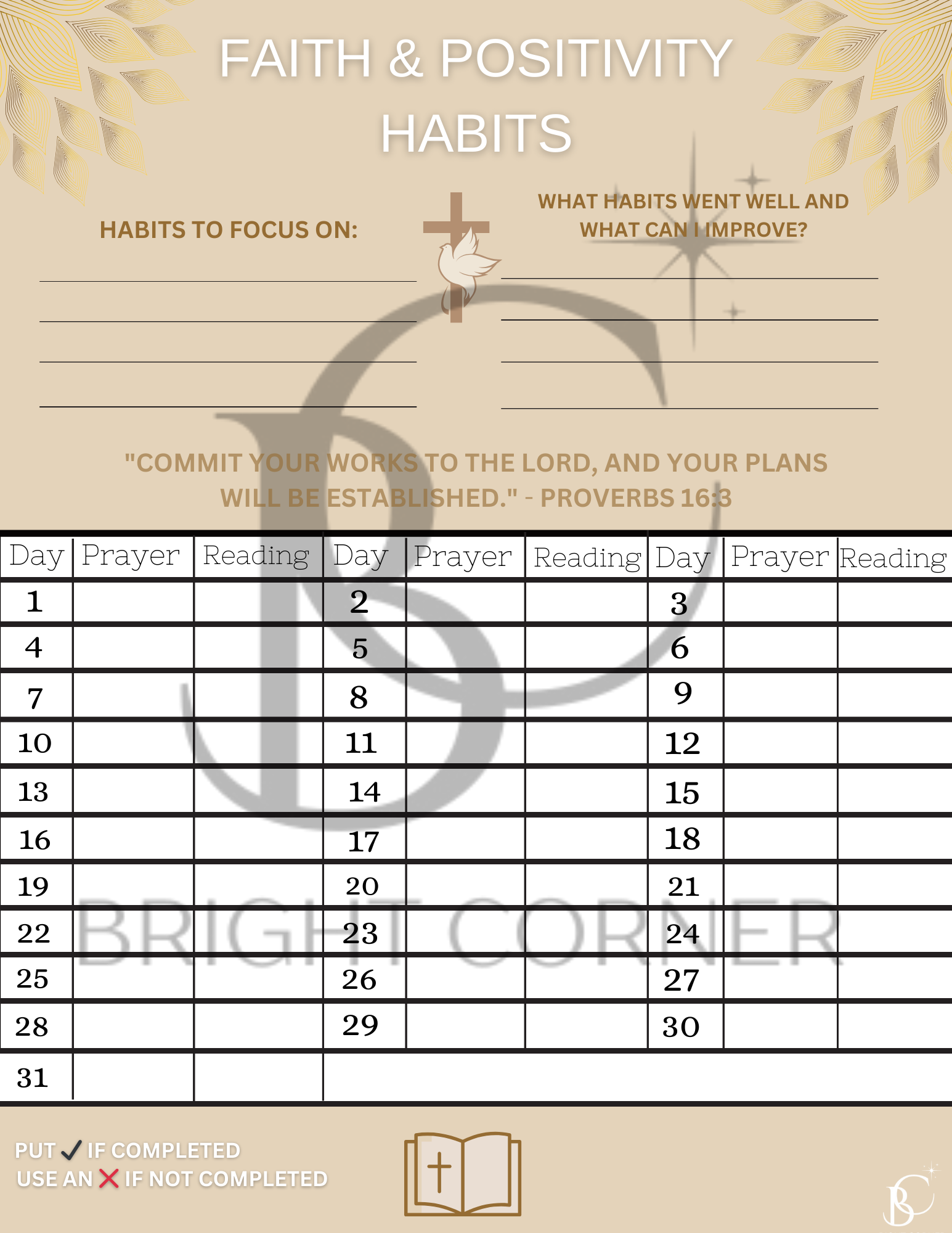 Faith and Positivity Habit Tracker with a grid for daily tracking of prayer, gratitude, and reading habits. Includes habit goals and areas for reflection.