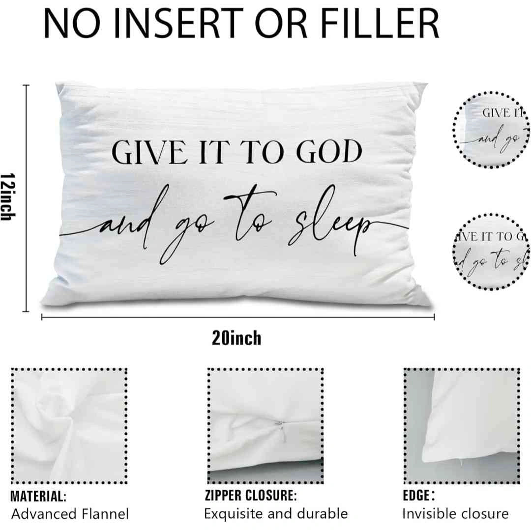 White flannel pillow cover featuring the quote 'Give It to God and Go to Sleep,' displayed with dimensions, material details, and zipper closure features.