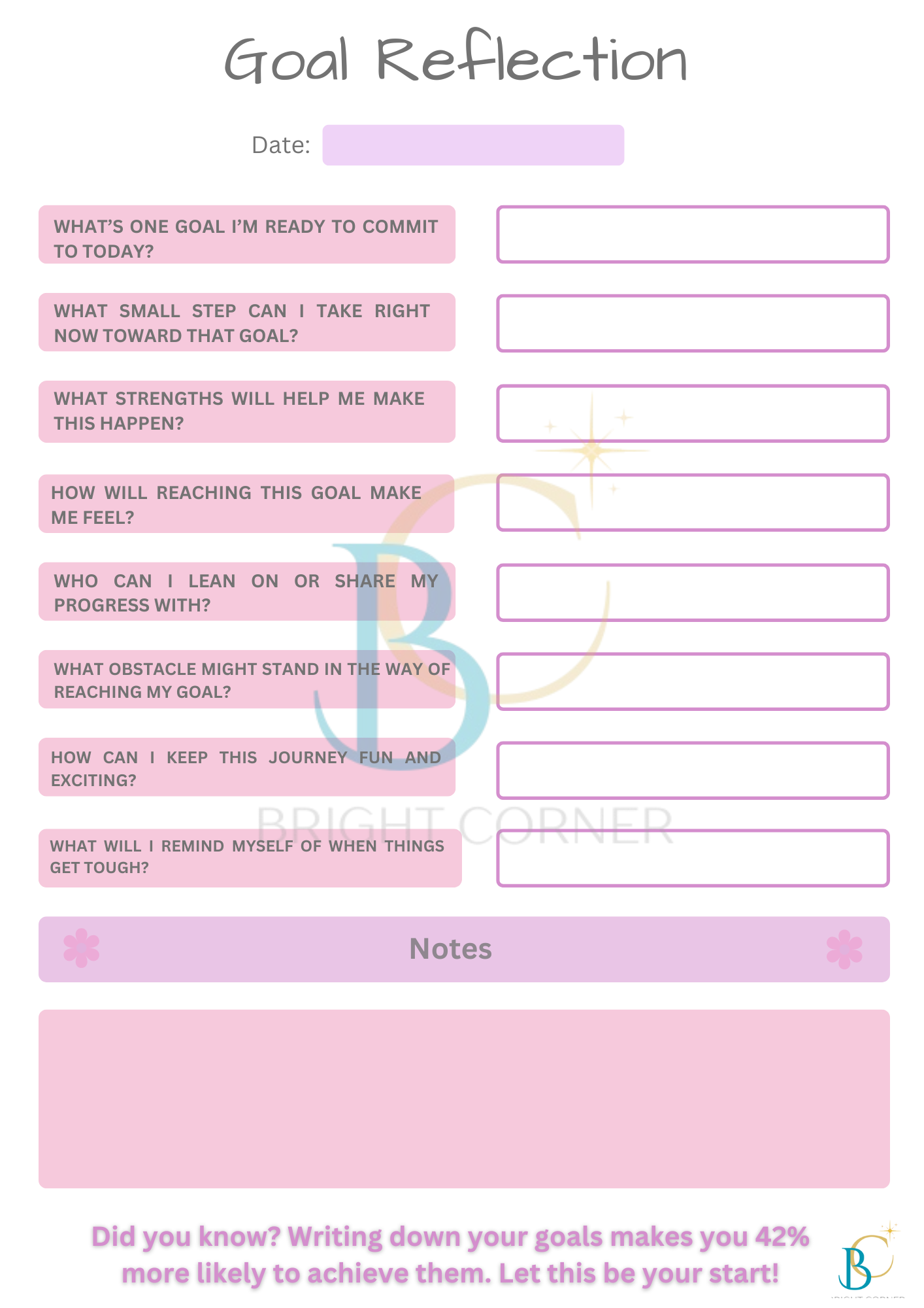 Goal Reflection page from Bright Corner's Goal-Setting Planner, designed to help users commit to goals, identify strengths, overcome obstacles, and stay motivated on their journey.