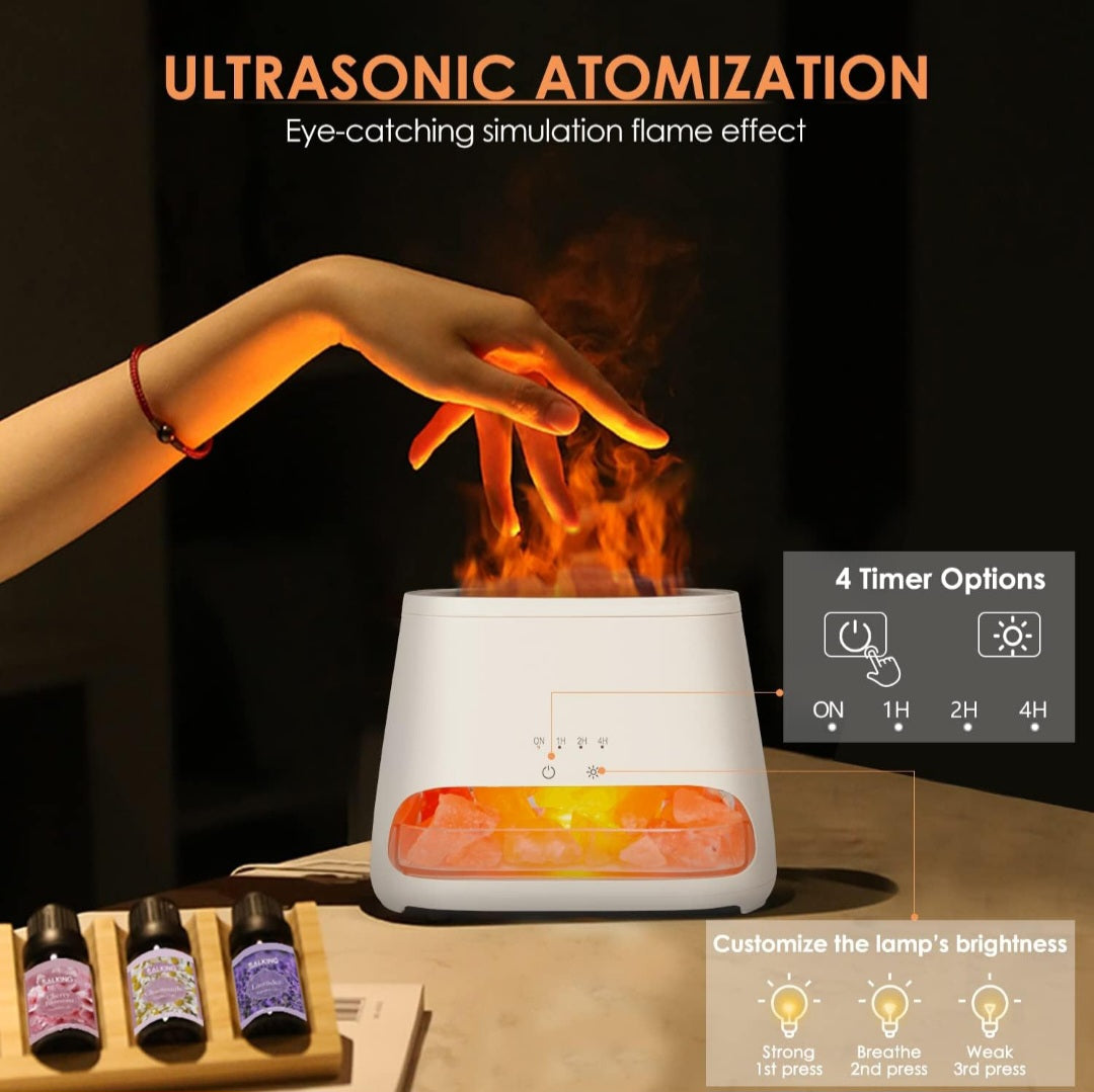 Himalayan salt lamp diffuser with ultrasonic atomization and customizable timer options.