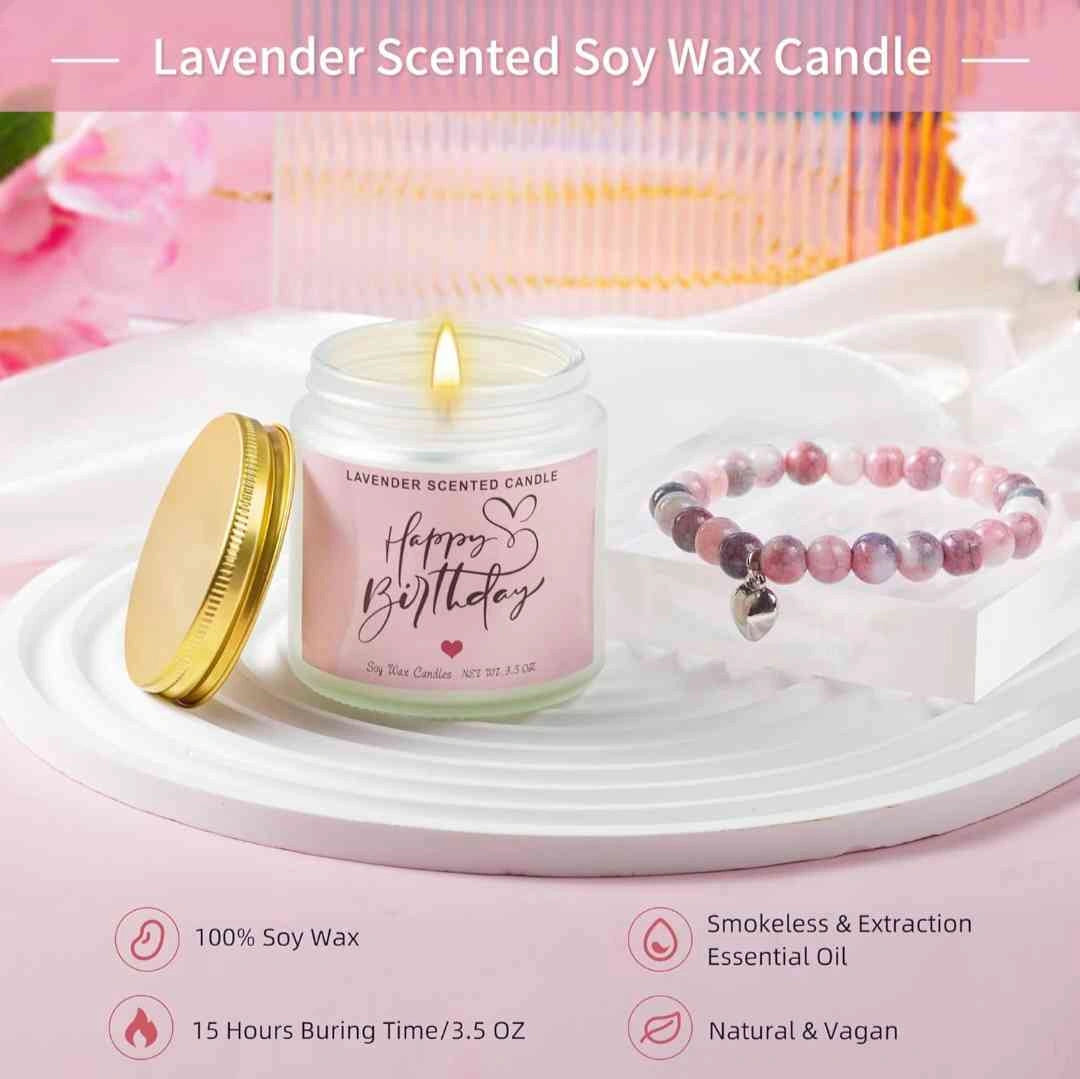 Lavender-scented soy wax candle with 'Happy Birthday' message, part of a women's birthday gift set with a natural stone bracelet.