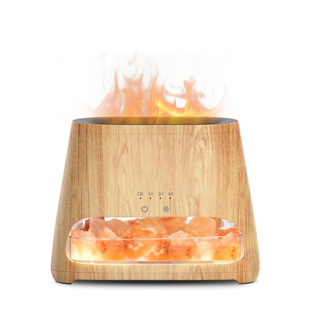 Light wood Himalayan salt lamp diffuser with glowing flame effect