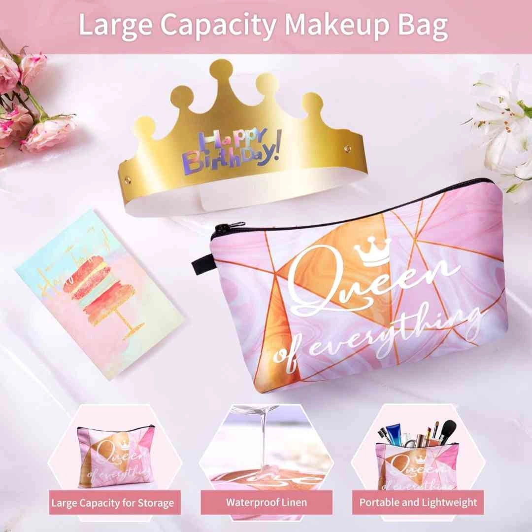 Large capacity makeup bag with 'Queen of everything' text, paired with a birthday crown, perfect as a women's gift.