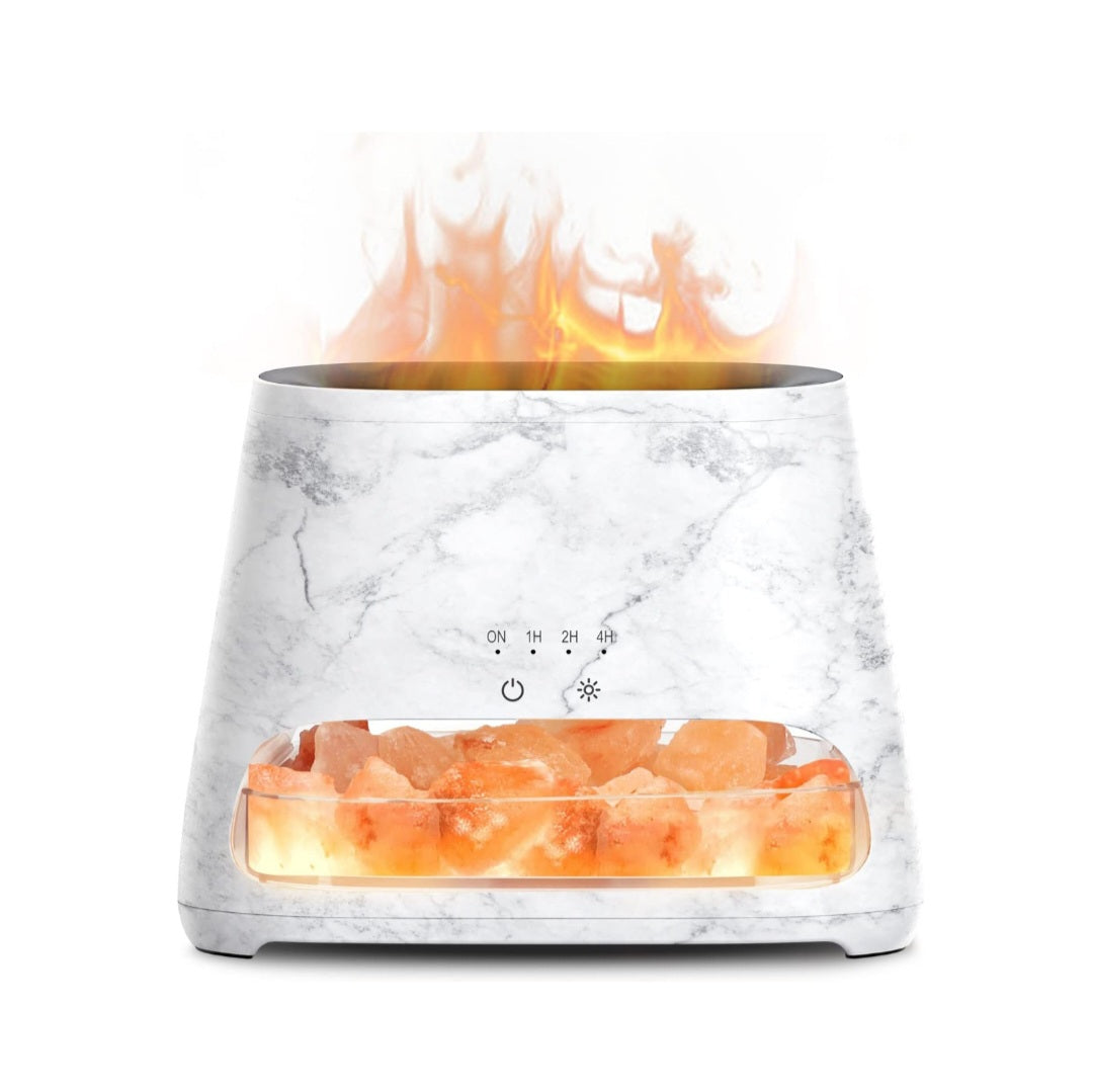 Marble Himalayan salt lamp diffuser with realistic flame simulation.