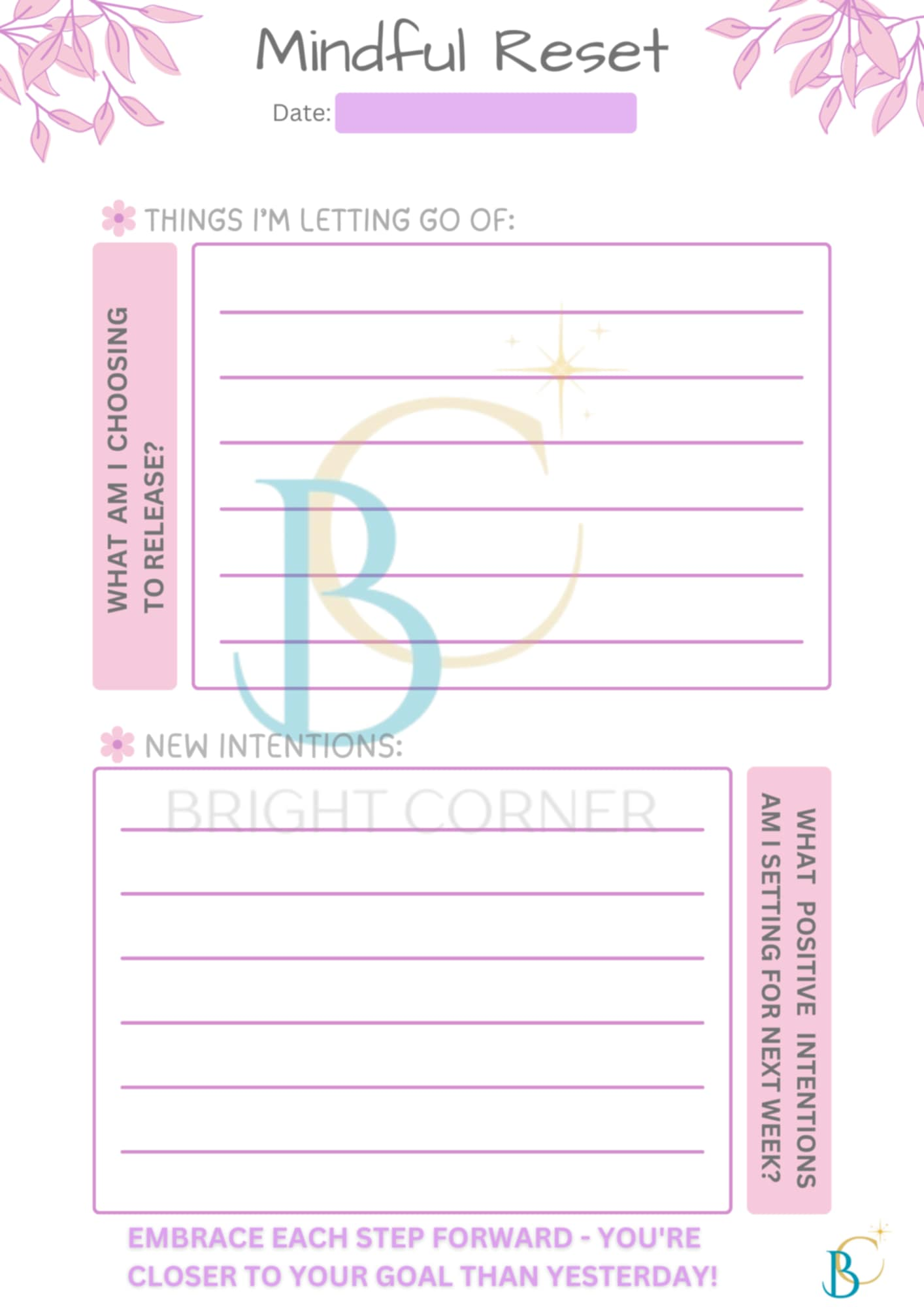 Mindful Reset page in Bright Corner's Goal-Setting Planner, guiding users in setting new intentions.