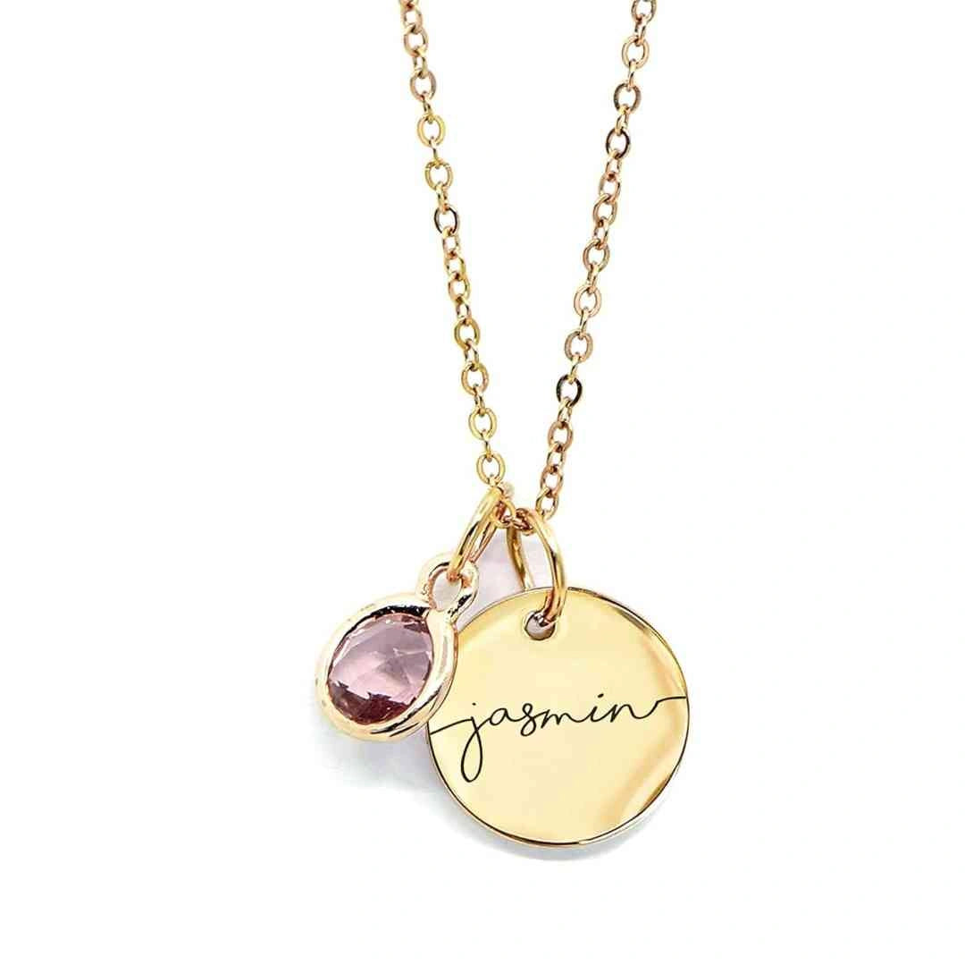 Gold personalized name necklace with birthstone charm, perfect custom gift for her.