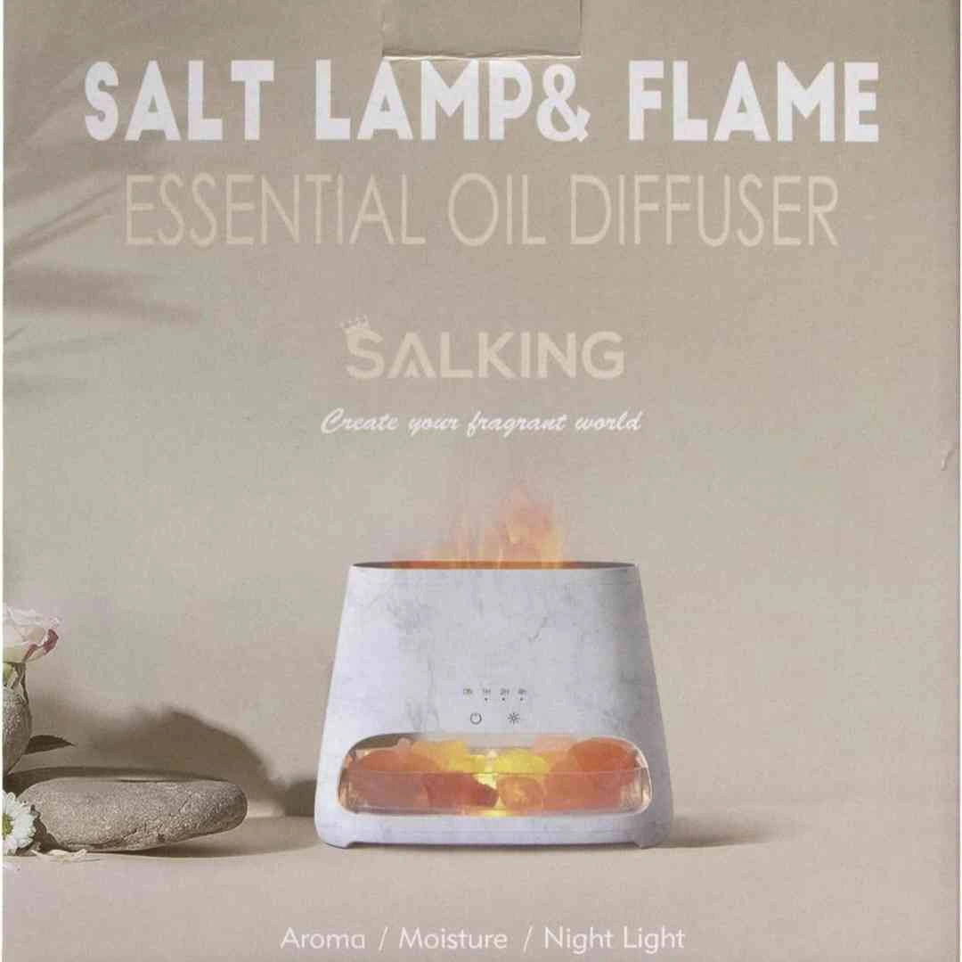 Front packaging design of the Salking Himalayan salt lamp and essential oil diffuser.