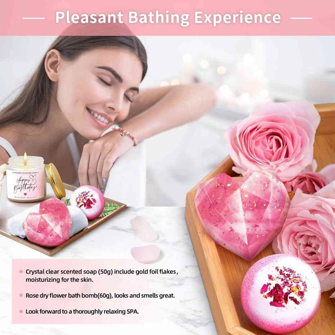 Pleasant bathing experience gift set with rose-scented soap and bath bomb, part of a birthday gift collection for women.