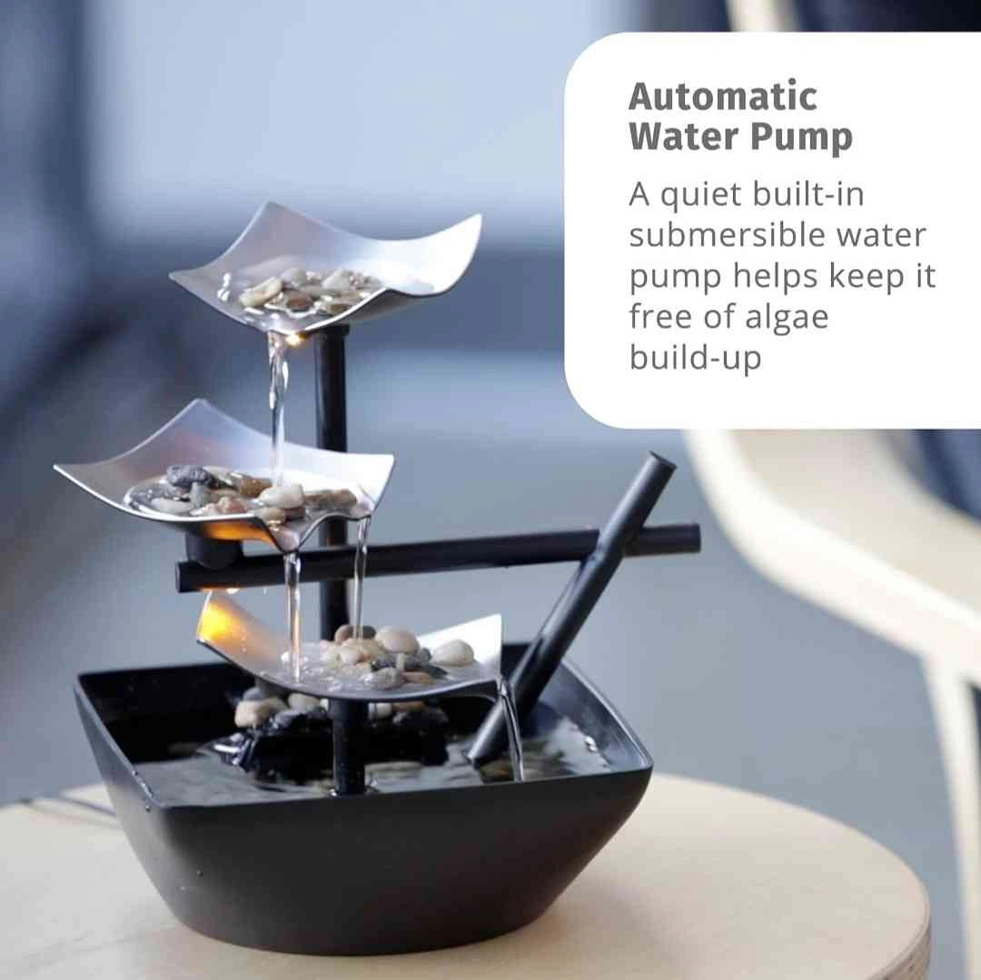 Automatic water pump for tabletop fountain with submersible feature, preventing algae buildup and ensuring low maintenance.