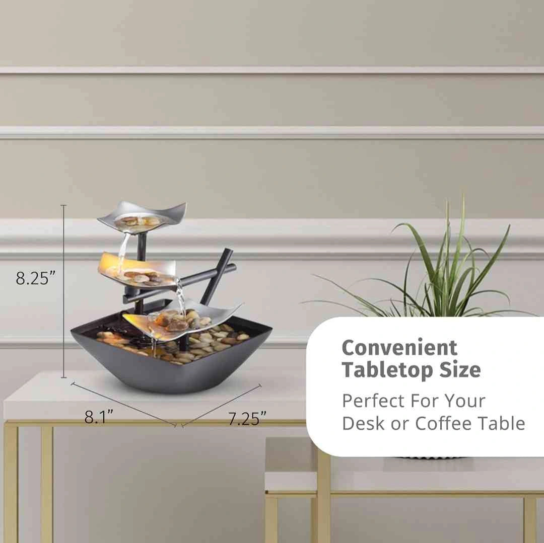 Compact tabletop fountain with dimensions, perfect for desks and coffee tables, bringing zen relaxation to small spaces.