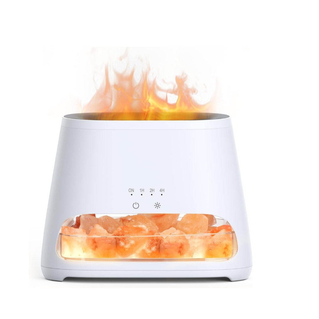 White Himalayan salt lamp diffuser with flame simulation and timer controls.