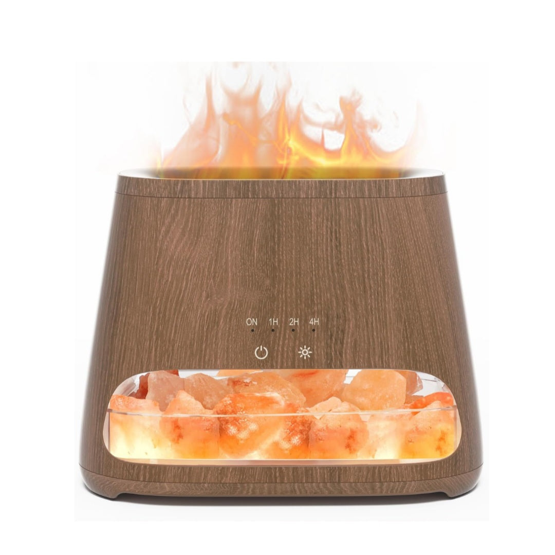 Wood-grain Himalayan salt lamp diffuser with warm flame effect.